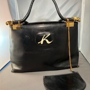 Black Leather Kitamura Handbag with Gold Accents and Wallet